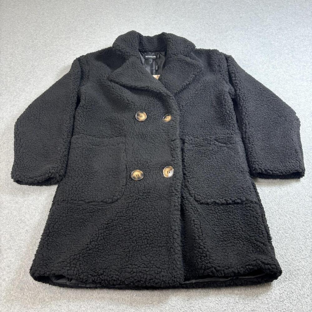 PrettyLittleThing Coat Womens US 2 Black Borg Midi Teddy Double Breasted Cozy